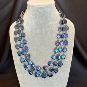 3 Strand Blue Purple Pearls and Crystal Bead Necklace
